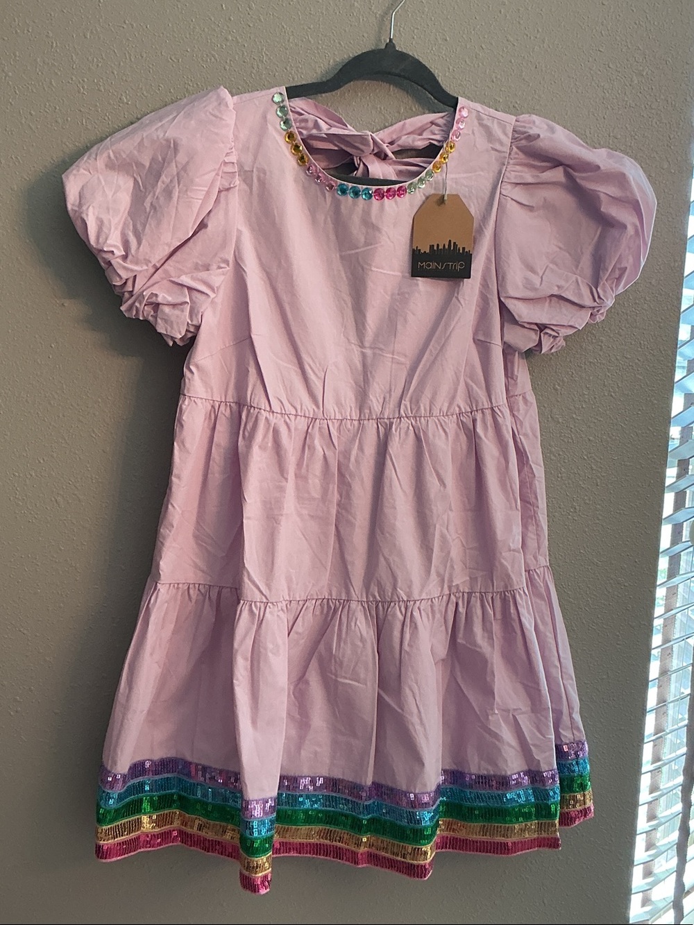 Main Strip Light Pink Puff-Sleeve Tiered Dress with Rainbow Sequin Trim